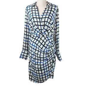 New Calvin Klein Draped  Dress Blue Checkered Print Large Career Officewear NWT